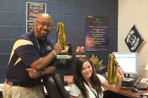 Mr. Moton and Miss Fulmer show their school spirit. Fulmer, a new counselor, said she has enjoyed being a part of the Wildcat Family.